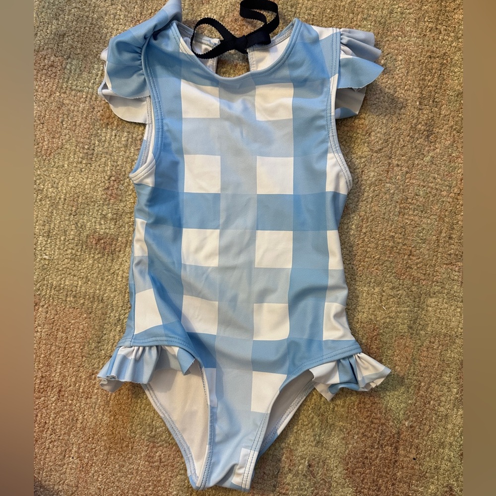 Blue and White Checkered Ruffle Swimsuit Petit Peony 12/18 months